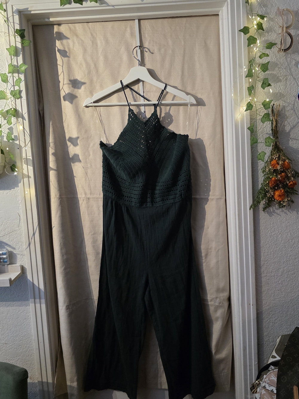 Earthbound Dark Green Crochet Top Wide-Leg Jumpsuit